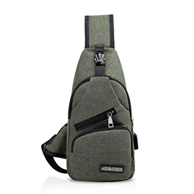 Image of FANDARE New Sling Bag Unisex Chest Pack for Men/Women Crossbody with USB, Earphone Hole One Strap Backpack Travel Cycling Camping Hiking Waterproof Polyester Green