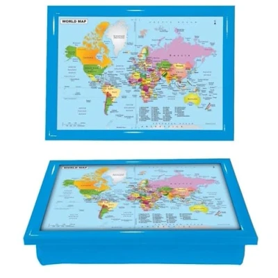 Image of World Map Theme Large Wooden Lap Tray With Cushioned Bean Bag Brakfast, Dinner Laptop, TV, Food, Serving (BLUE)