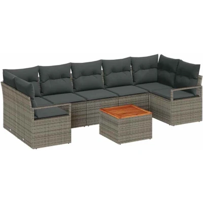 Image of vidaXL 8 Piece Garden Sofa Set with Cushions Grey Poly Rattan Acacia