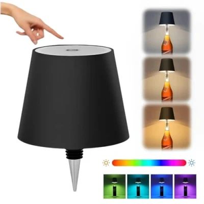Image of Pridola Wireless Bottle Lamp, RGB Touch Control Lampshade, 3 Color Stepless Dimming Wine Lamp Kit, LED Light, Rechargeable for Home Bar Decor (Black)