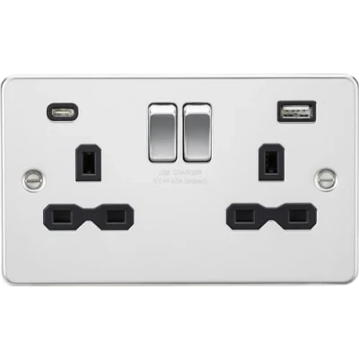 Image of KnightsBridge 13A 2G SP Flat Plate Switched Socket with Dual USB A+C Polished Chrome, Black Insert