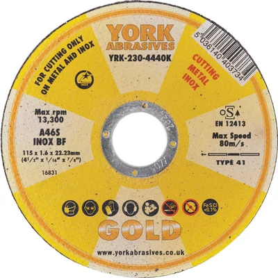 Image of York Abrasives Gold 115 X 1.6 22MM A 60 S BF Inox Reinforced Cut off Disc, Type 41 (Flat)