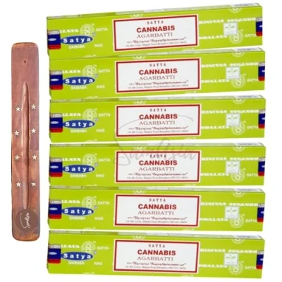 Image of Satya Nag Champa Cannabis incense sticks x6 pack with SAMASIA holder Used for Aromatherapy, Spa, Yoga, Weddings, Meditation, Healing, Positivity and Relaxation
