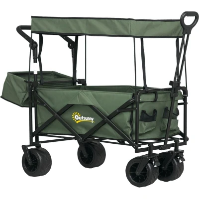 Image of Outsunny Folding Trolley Cart Storage Wagon Beach Trailer 4 Wheels with Handle Overhead Canopy Push Pull For Shopping Camping, Green