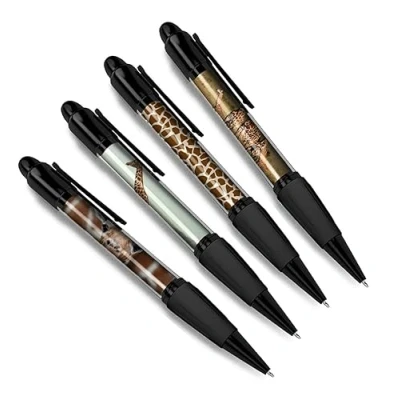 Image of DV DESIGN Set of 4 Giraffe Print Black Ballpoint Pens Safari Animals Boys Zoo Theme Gift