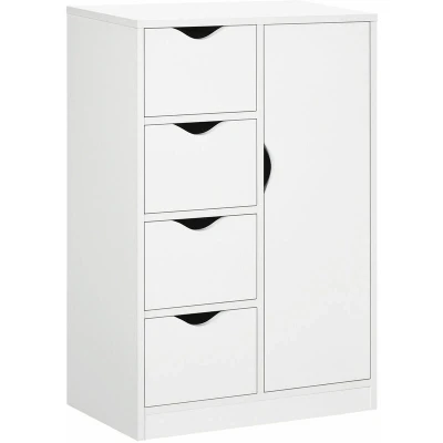 Image of HOMCOM Bathroom Floor Cabinet, Freestanding Storage Unit with 4 Drawers and Door Cupboard for Living Room, Kitchen, Bedroom, White