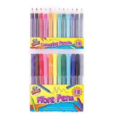 Image of Ditzy Doll FIBRE PENS &amp; HALF SIZED PENCILS 12 Pack Colouring Set Colours Kids School