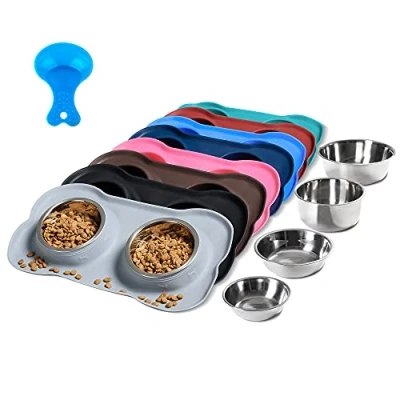 Image of Hubulk 2 Stainless Steel Pet Dog Bowls with No Spill Non Skid Silicone Mat + Food Scoop Water and Feeder for Feeding Small Medium Large Dogs Cats (Large, Gray)