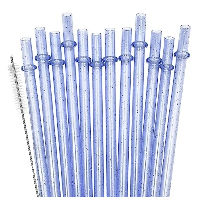 Image of SUNDEE Reusable Plastic Straws, Glitter Straws Drinking Straw Thick BPA Free Accessories, Set of 12 Pcs Colorful with Cleaning Brush Little Blue