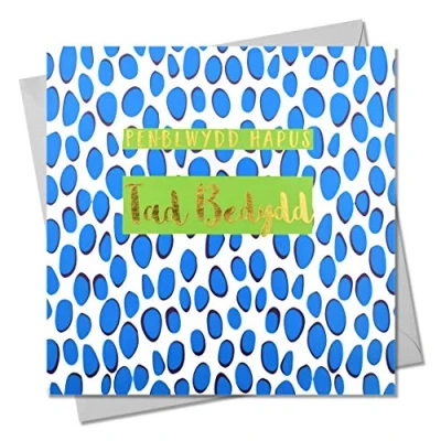 Image of Claire Giles Happy Birthday Greeting Card Godfather, Blue Dots, with Text Foiled in Shiny Gold, Pen blwydd Hapus Tad Bedydd WCOL052