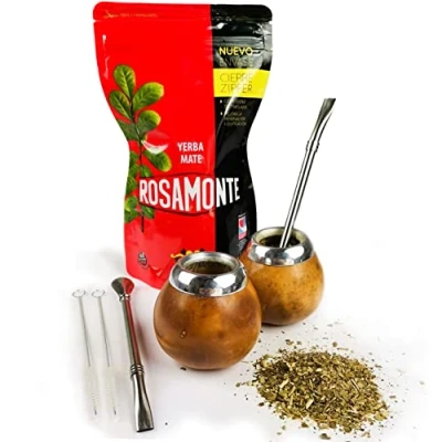 Image of Set Rosamonte Yerba Mate Traditional Zip 250g 2 Gourds (mate tea cup) in leopard coloured Stainless steel Bombilla (Sraw)