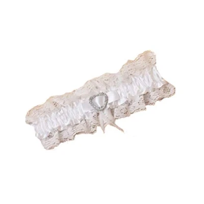 Image of La Peach Fashions Elegant Bridal Satin Ribbon and Lace Garters with Diamante Heart Pearl Bead Bow Garter Wedding Hen Party (White)