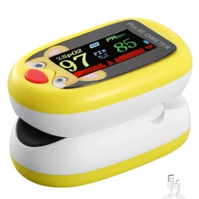 Image of Pediatric Pulse Oximeter CE FCC Approved Heart Rate Stats Monitor Kids Finger Blood Oxygen Saturation Monitoring NHS Children SpO2 Levels TFT Lanyard &amp; USB (Yellow Oximeter)