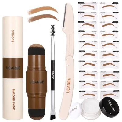 Image of UCANBE 25PCS Eyebrow Stamp Stencil Kit With Dual Color Pomade,20 Reusable Stencils,Finising Powder,Brush,Eyebrow Razor,Zipper Pouch,Waterproof Eye Brow Stamping and Shaping Kit01