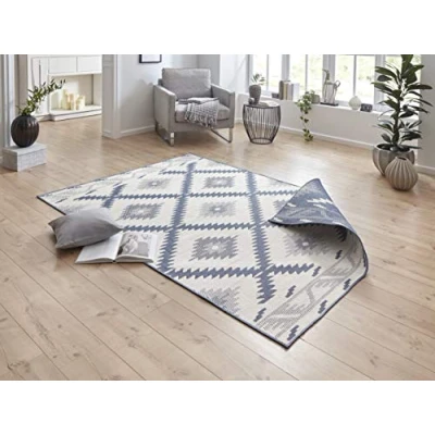 Image of NORTHRUGS Malibu Indoor and Outdoor Rug 120 x 170 cm Reversible Weatherproof Modern Geometric Pattern Runner for Balcony Patio Garden Conservatory Living Room Waterproof in Blue Cream