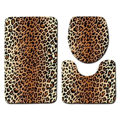 Image of Shinewe 3 Pieces Bathroom Rug Set Leopard Print Pedestal Mat Non Slip Bath Toilet Lid Cover