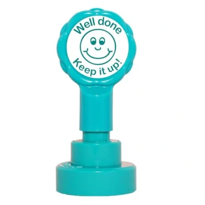 Image of Well Done!, Keep it up! Self Inking Teacher Stamper. 22mm. Reinkable. Turquoise Ink