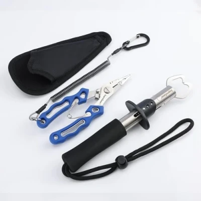 Image of supregear Fishing Pliers and Gripper Set, Stainless Steel Multi Function Fish Hook Remover with Line Cutting Tool, Safety Coil Lanyard, Nylon Sheath Tool Kit, Black