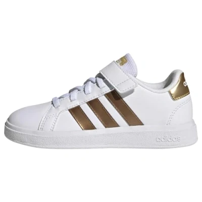 Image of adidas Grand Sustainable Lifestyle Court Elastic Lace and Top Strap Shoes Tennis, Cloud White/Cloud White/Matte Gold, 13 UK