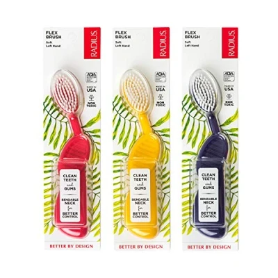 Image of Radius Toothbrush Flex Brush, Left Hand 3 Pack in Assorted Colors, BPA Free and ADA Accepted, Designed to Improve Gum Health Reduce The Risk of Disease