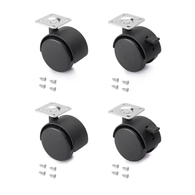 Image of Emuca Pack of 4 black swivel castors for furniture (2 with brake and 2 without brake) 50mm diameter fixing plate ball bearings