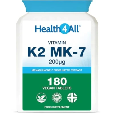 Image of Health4All Vitamin K2 mk7 200mcg 180 Tablets (V) Natural Vegan from Natto Beans Fermentation. High Strength k2mk7 (not Capsules) Supplements. VIT