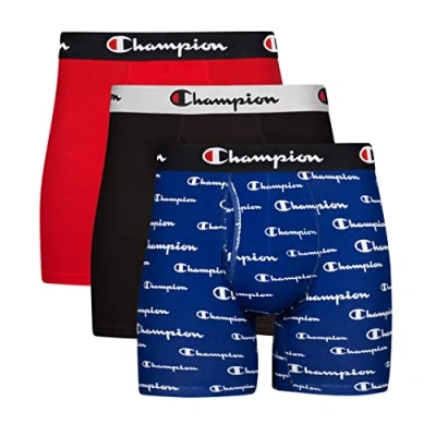 Image of Champion Men&#039;s Boxer Briefs, Every Day Comfort Stretch Cotton Moisture Wicking Underwear, Multi Pack, Blue White Script Logo/Black/Red 3 XL (Pack of 3)