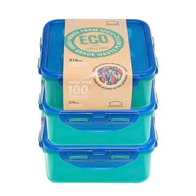 Image of LocknLock Eco Square Food Containers with Lids Set of 3 Plastic Airtight &amp; Watertight Storage Containers, BPA Free Dishwasher Safe, x 870ml