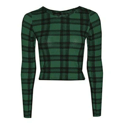 Image of Womens Crop Long Sleeve T Shirt Ladies Short Plain Round Neck Top Green Tartan 8 10