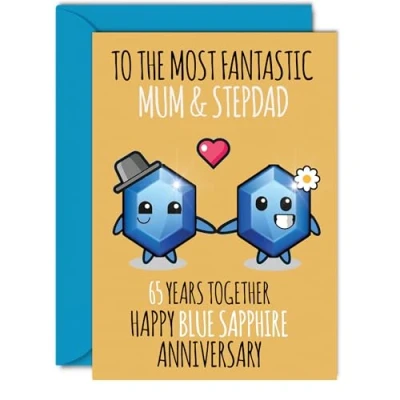 Image of Cute Blue Sapphire Anniversary Card for Mum &amp; Step Dad 65 Years Together Happy 65th Wedding Cards Mum, A5 Greeting Sixty Fifth Anniversaries