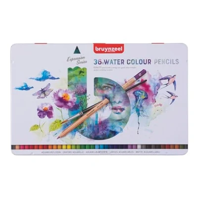 Image of Bruynzeel Expression Watercolor Pencils Set of 36 + Brush in Tin Water Soluble Coloring for Adults, Bullet Journaling