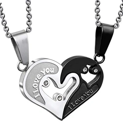Image of 2 x Stainless Steel Couple Lovers Necklace for 2, Lovers, Heart Pendant Women Men Silver Black Love Separable Friend Puzzle Chain 50 cm &amp; 55