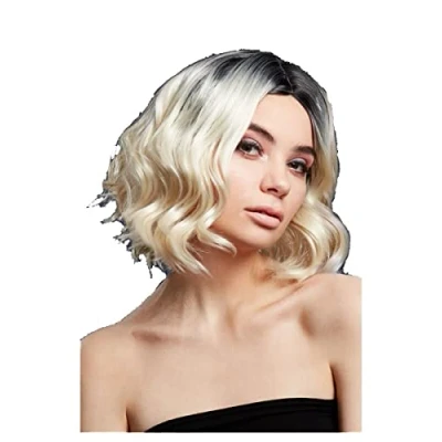 Image of Smiffys Fever Kourtney Wig, Two Toned Blend, Blonde Curls Long Bob, Centre Parting, 30cm/ 12in, Wigs Fancy Dress, Dress Up