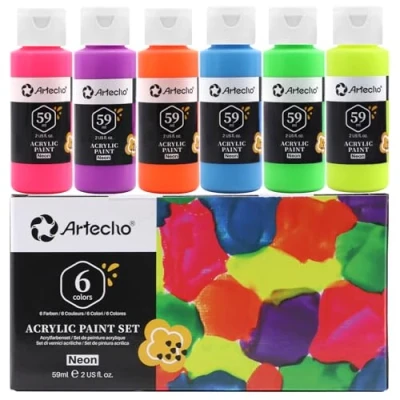 Image of Artecho Acrylic Paint Set for Art, 6 Neon Colors 2 Oz Supplies Wood, Fabric, Crafts, Canvas, Leather&amp;Stone