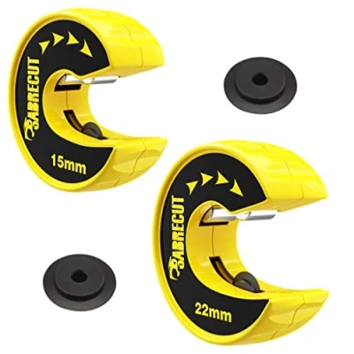 Image of 2 x SabreCut APSCK01 15mm &amp; 22mm Automatic Clip Twist Action Pipe Cutter Tube Slice Compact Zinc Alloy Body with Longlife SKS 3 High Chrome Tool Steel Cutting Wheel (2 Spare Wheels Included)