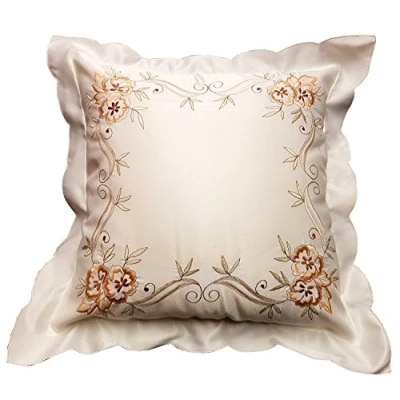 Image of Pack of 2 Cushion Covers, Lucy, Faux Silk Embroidered Flowers Leaves, Scalloped Border Edge, Off White Cream Yellow Mint Green, 43cm x