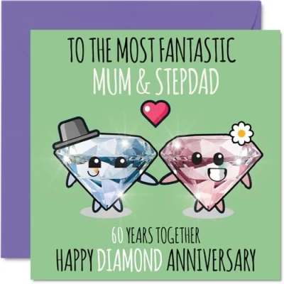 Image of Cute Diamond Anniversary Card for Mum &amp; Step Dad 60 Years Together Happy 60th Wedding Cards Mum, 145mm x Greeting Sixtieth Anniversaries