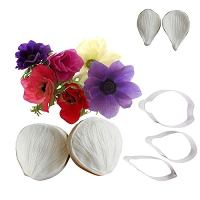 Image of Anemone Flower Petal Veiner Silicone Molds Stainless Steel Cutter Set Gumpaste Fondant Mold 3D Sugar Decor Moulds Cookie Cutters Paste Veining Cake Craft Decorating Tool