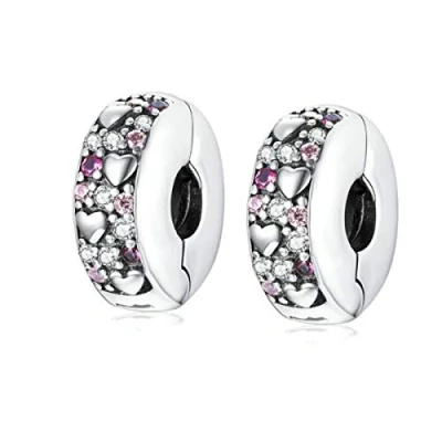 Image of MEETCCY Clip Spacer Charm 925 Sterling Silver Blue White Crystal Lock Stopper Bead for Bracelet,Compatible with European Bracelet Beads (015 2PC)