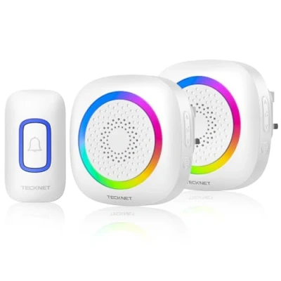 Image of TECKNET Wireless Doorbell, Plug in Door Bells Cordless with 2 Receivers, IP66 Waterproof Chime Kit RGB Light, 400M Range, 60 Chimes, 5 Volume Level (White)