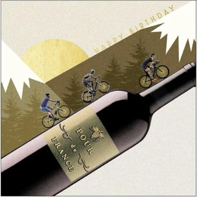 Image of Woodmansterne Male &#039;Happy Birthday&#039; Card from the Man on Mars Range Eco friendly Attractive Gold Foil Finish (Pour de France Wine and Bikes)