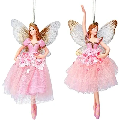 Image of Gisela Graham Pink Resin and Fabric 19 Centimeter Fairies with Tulle dress Decoration set of 2