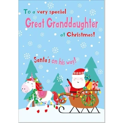 Image of doodlecards Great Granddaughter Christmas Card Magic Santas Sleigh with Unicorn Medium Size for Plain Envelope