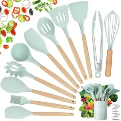 Image of Kitchen Utensil Set, hicoosee 22 Pieces Silicone Cooking Utensils Natural Wooden Handles Tool BPA Free Non Toxic Stick Heat Resistant Gadgets Green 01