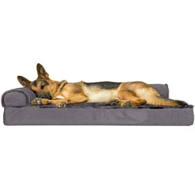 Image of Furhaven XL Orthopedic Dog Bed Plush &amp; Velvet L Shaped Chaise w/Removable Washable Cover Platinum Gray, Jumbo (X Large)
