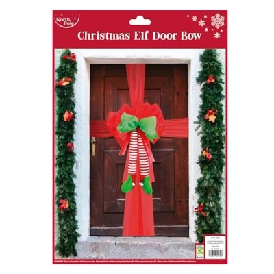 Image of Eurowrap Large Christmas Elf Door Bow Red Green with Hanging Legs Xmas Decoration