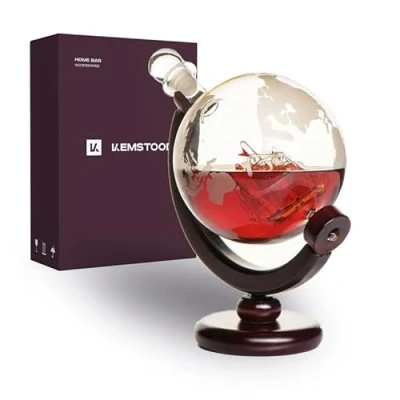 Image of Kemstood Whiskey Decanter Set (850 ml) Etched World Globe for Liquor, Bourbon, Vodka Gift Sets Men Home Bar Accessories Glass Alcohol Drinks