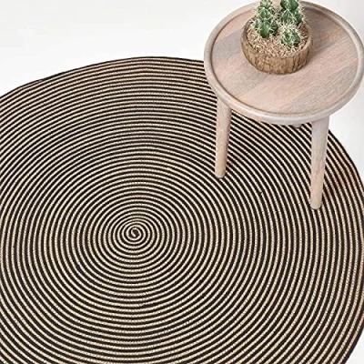 Image of HOMESCAPES Linen and Black Handwoven Braided Spiral Rug 200cm Round Pattern Large Cotton