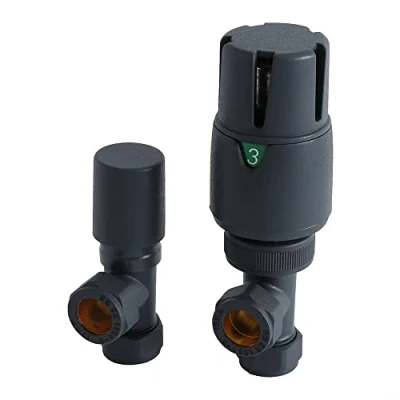 Image of Milano Modern Pair of Anthracite Angled Thermostatic Heated Towel Rail Radiator Valves