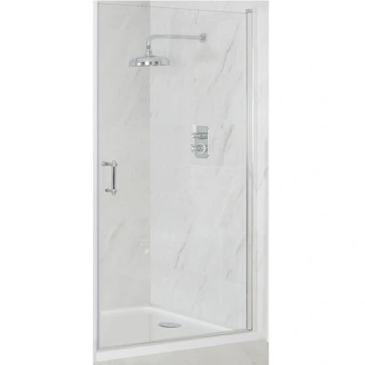 Image of Milano Langley Chrome Walk In Wet Room Hinged Door Frameless Shower Enclosure and White Tray with Fast Flow Waste 700mm x